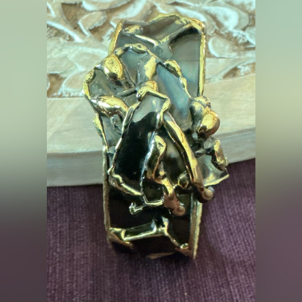 Brutalist Cuff Bracelet Black Gold Free Form Figural  Textured Brass Carvalho?